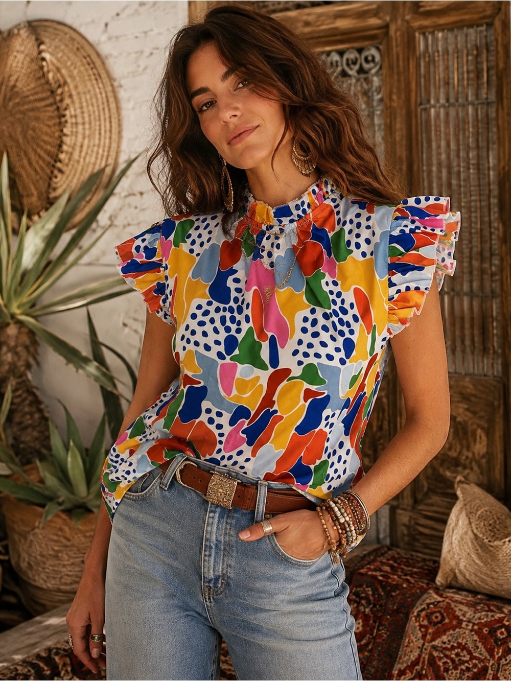 Emery Rose Colorful Abstract Ruffle Sleeve Blouse – Size Medium